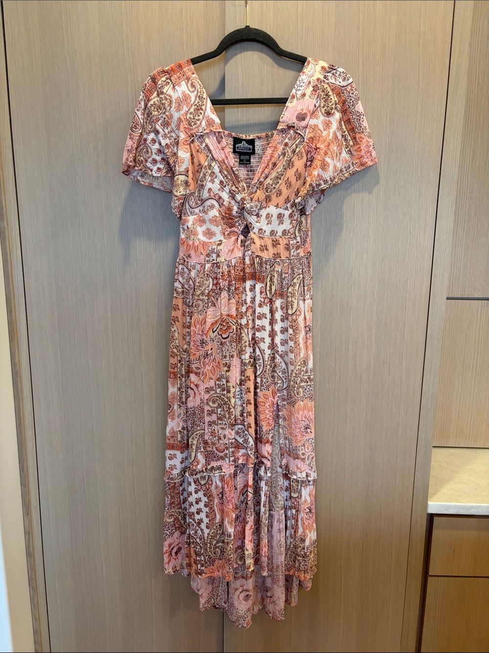 Angie Peach Pink Paisley Maxi Dress with Tie Front